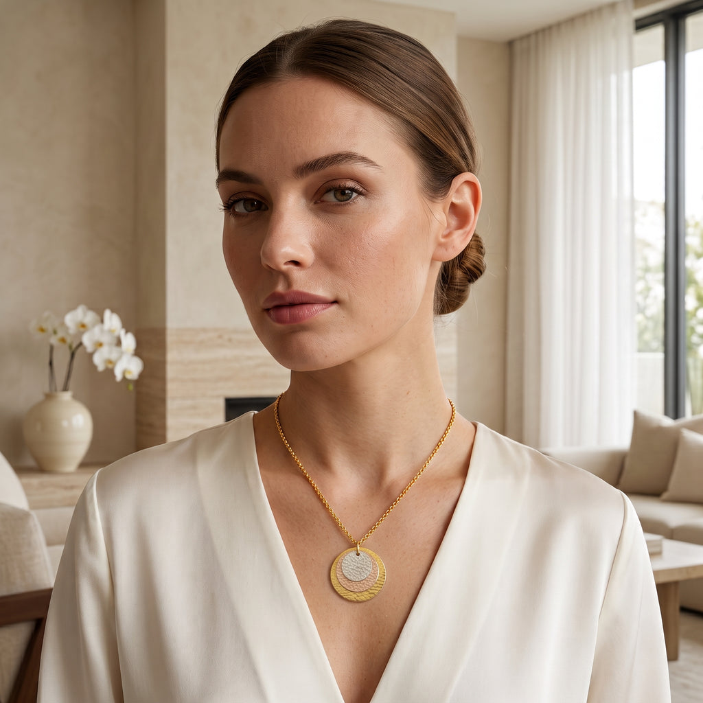 Three Gold Tone Round Disc Hammered Necklaces