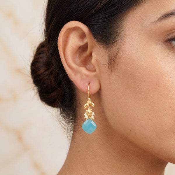 Aqua Chalcedony with Pearl Dangle Earrings
