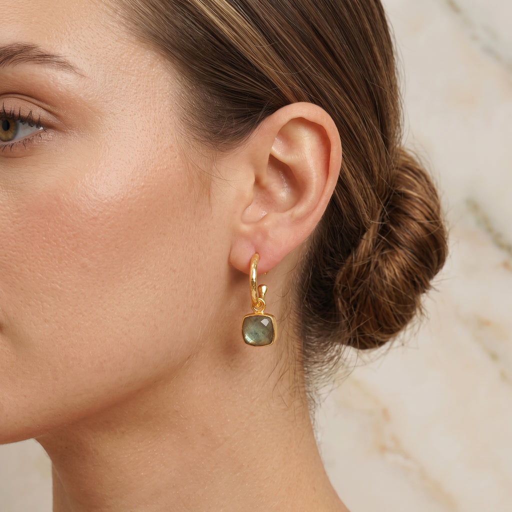 Cushion Shape Labradorite Gemstone Hoop Earrings