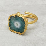 Green Solar Quartz Stone Brass 22k Gold Plated Adjustable Designer Rings