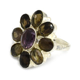 Silver Plated Smoky and Amethyst Gemstone Floral shape Cocktail Ring