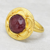 Brass Gold Plated Pink Quartz Gemstone Adjustable Ring