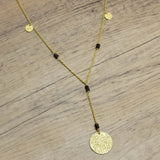 Brass Gold Plated Smoky Gemstone With Round Hammered Disc Pendant Necklaces