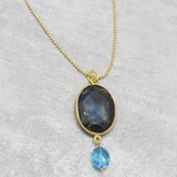 Gold Plated Labradorite Stone Pendent With Amethyst, Blue Topaz, Lapis Beads Necklace