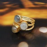 Triple-Stone Labradorite Peach Moon Stone Prehnite Stacking Ring