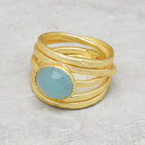 Aqua chalcedony & Aquamarine Gold Plated Statement Ring, 925 Silver, Brass Ring, Wholesale jewelry