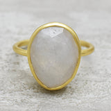 925 Sterling Silver Gold Plated Rainbow Moonstone Statement Rings