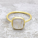 Brass 22k Gold Plated Square Shaped Golden Rutile Gemstone Rings