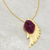 Brass 22k Gold Plated Feather Shaped with Pink Druzy Statement Necklaces, Wholesale jewelry