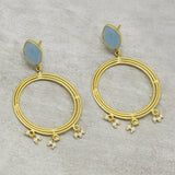 925 Silver with 22k  Aqua Chalcedony and Pearl Circle Earrings