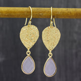 Rose Quartz  with Leaf Dangle Earrings in  22k