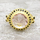 Rose Quartz with Black CZ Gemstone Designer Rings in Brass 22k Gold Plated