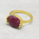 925 Silver Gold Plated Pink Quartz Gemstone Statement Rings