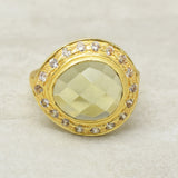 Gold Plated Green Amethyst, White CZ Gemstone Ring