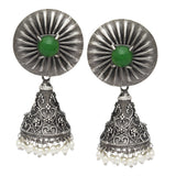 Oxidized Silver Plating  Metal Green Onyx Stone & Pearl Jhumka Earrings for women