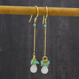 Rainbow moonstone Aqua Chalcy Beads with Chain Dangle Earrings in